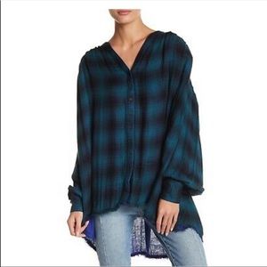 Free People Teal and Black Plaid Button-Down Shirt
